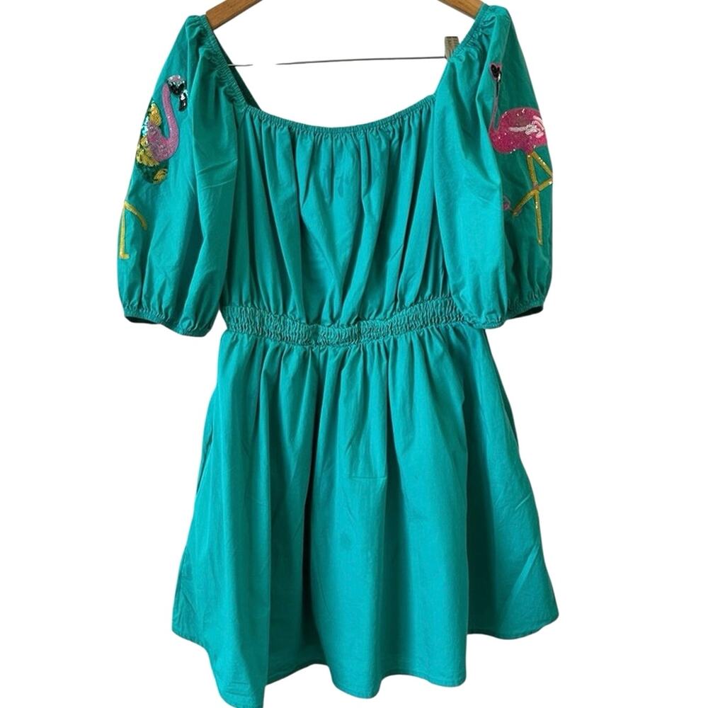 Fantastic Fawn Flamingo Sequin Teal Dress – Women’s Size Medium - Picture 2 of 8